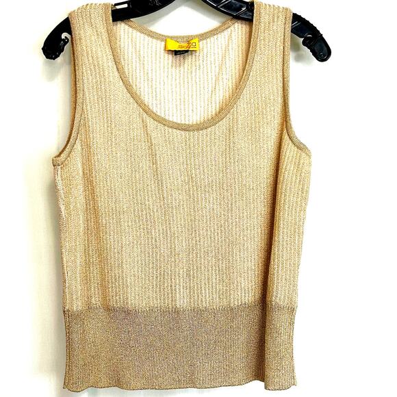 St. John SoCa Rib Knit Rayon Wool Metalized Gold Cardigan Tank Sweater Set Sz M - Picture 4 of 13